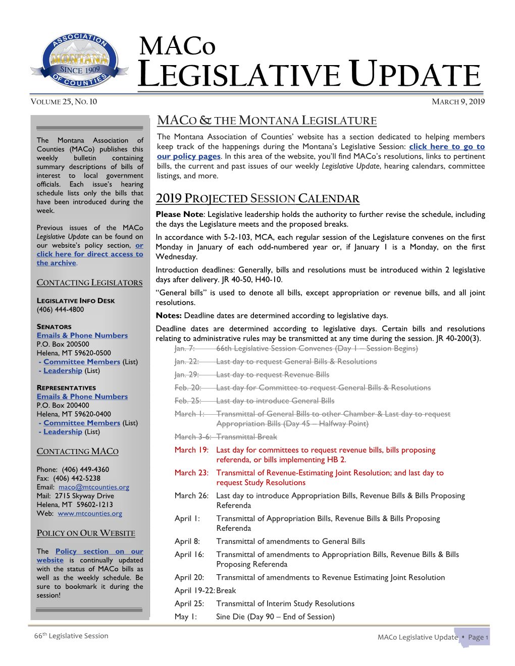 Maco Legislative Update, Volume 25 No. 10, March 9, 2019