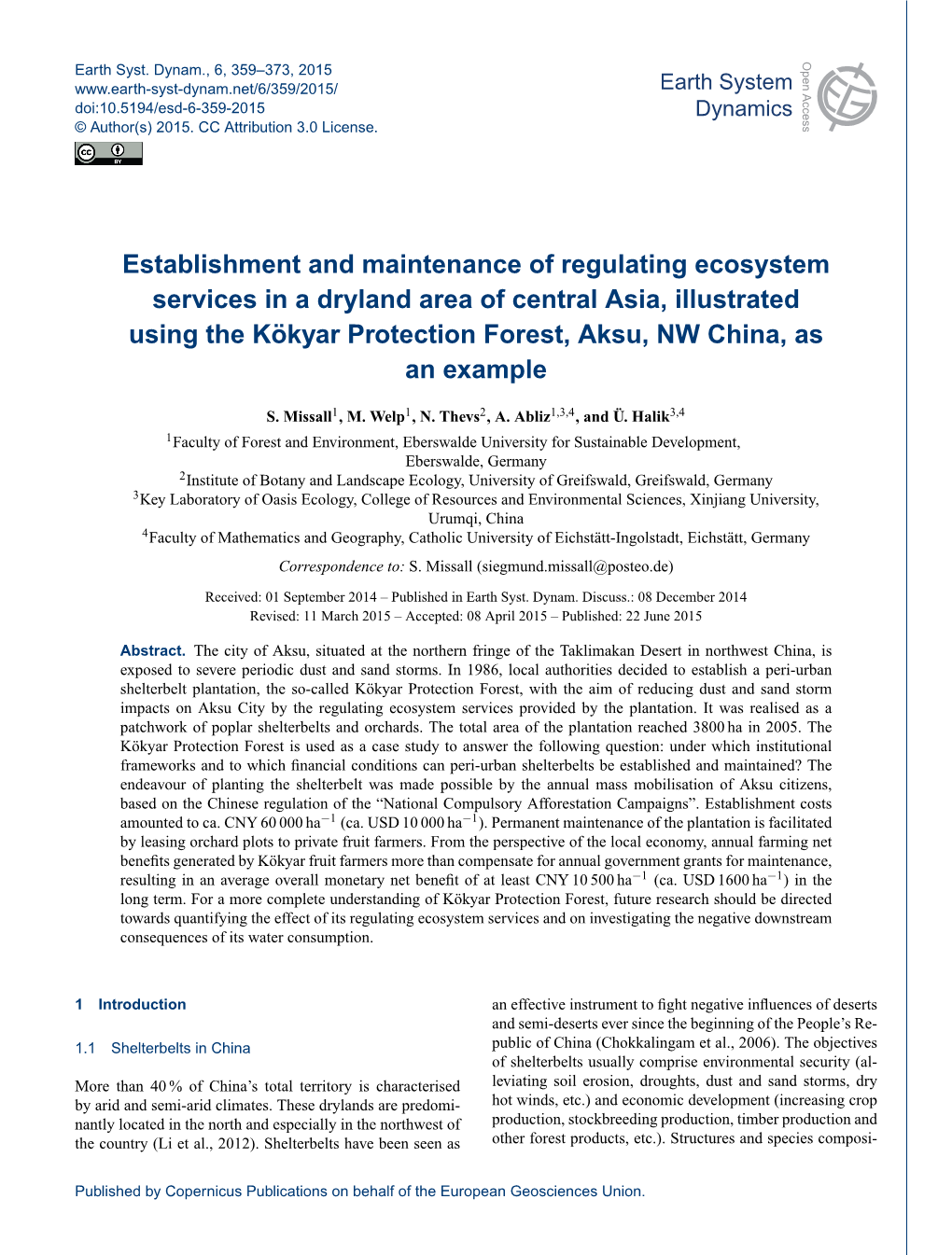 Establishment and Maintenance of Regulating Ecosystem Services in A