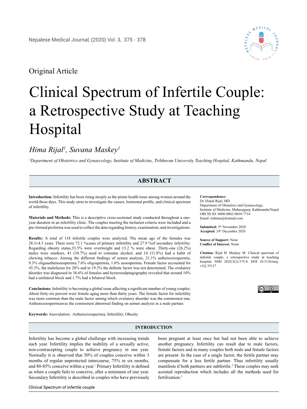 Clinical Spectrum of Infertile Couple: a Retrospective Study at Teaching Hospital