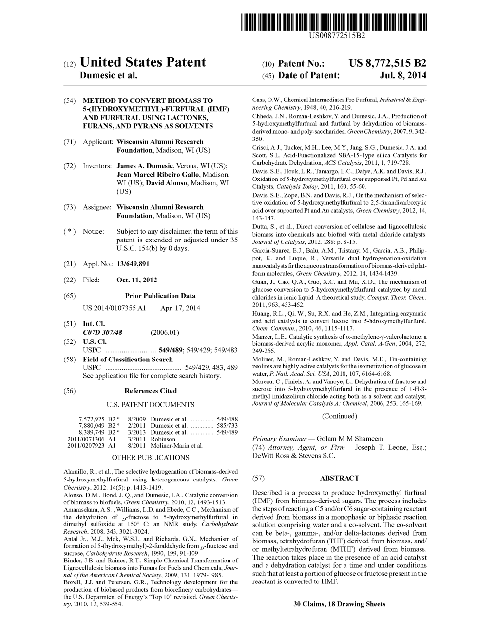 (12) United States Patent (10) Patent No.: US 8,772,515 B2 Dumesic Et Al