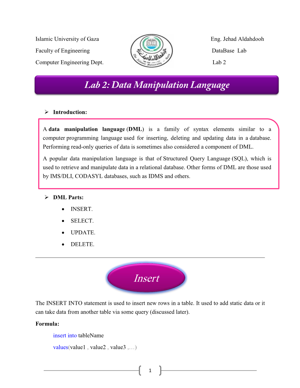 Lab 2: Data Manipulation Language Eng.Jehad Aldahdooh