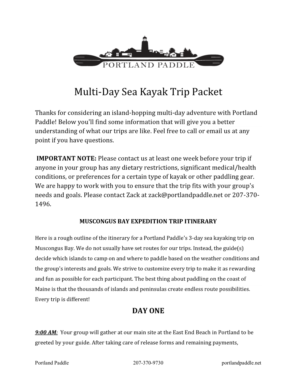 Multi-Day Sea Kayak Trip Packet