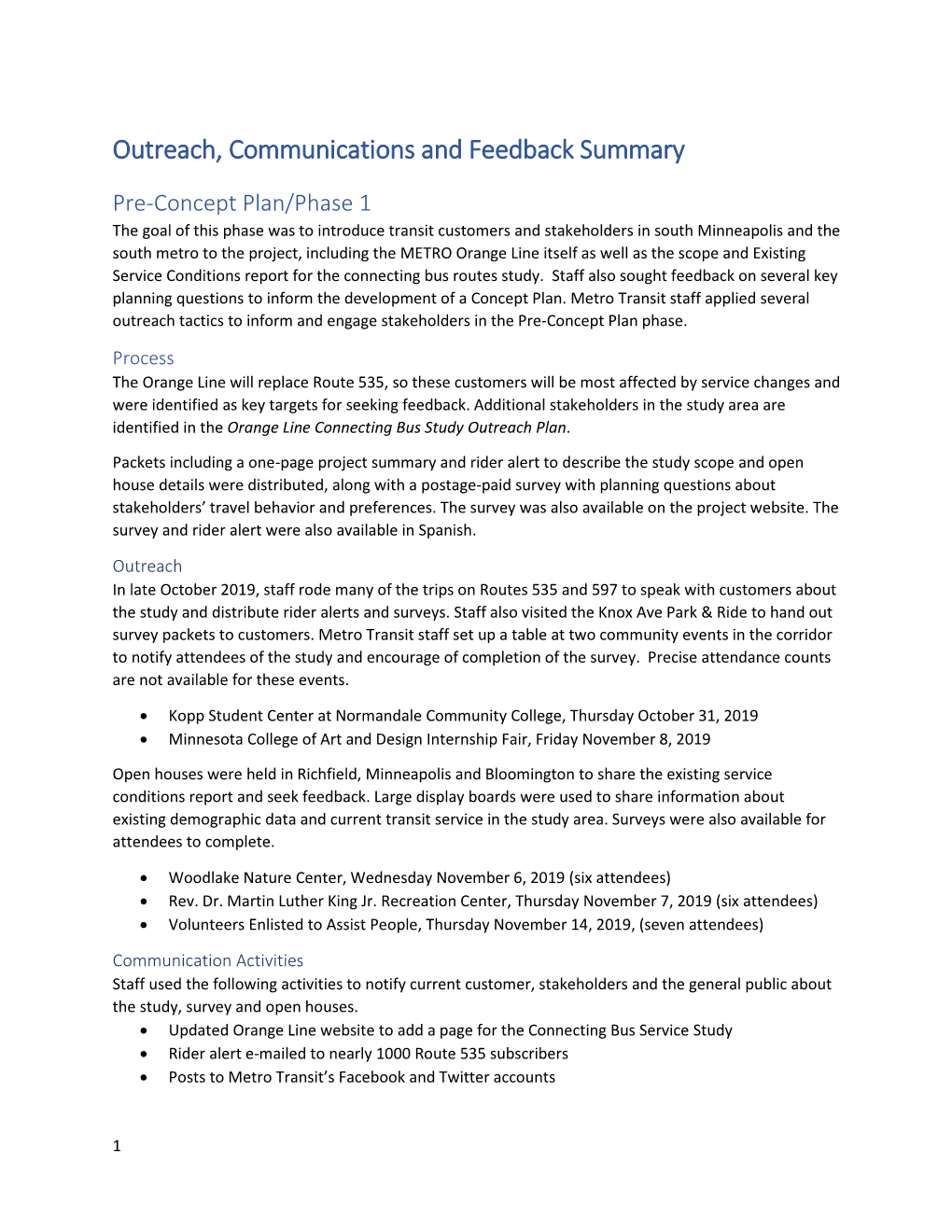 Outreach, Communications and Feedback Summary