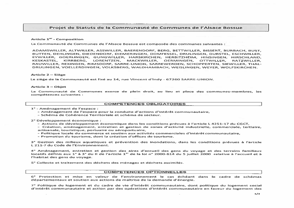 Projet De Statuts De La Communauté De Communes De L'alsace Bossue