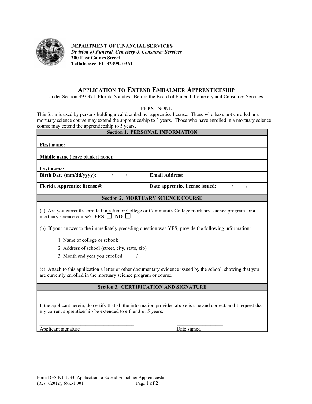 Application to Extend Embalmer Apprenticeship