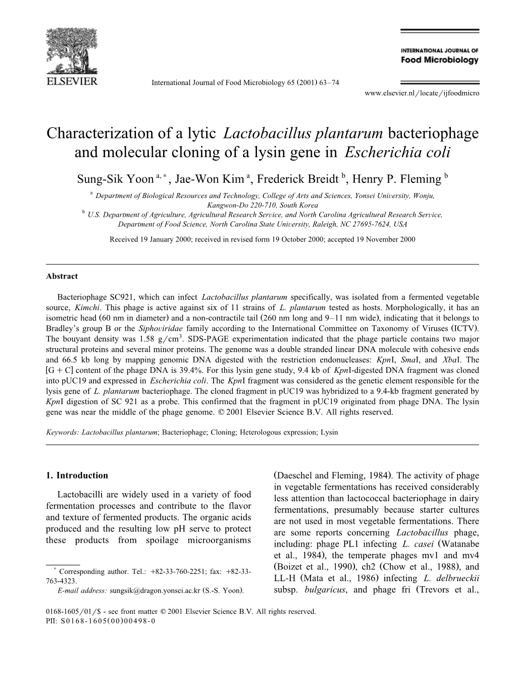 Characterization of a Lytic Lactobacillus Plantarum Bacteriophage and Molecular Cloning of a Lysin Gene in Escherichia Coli