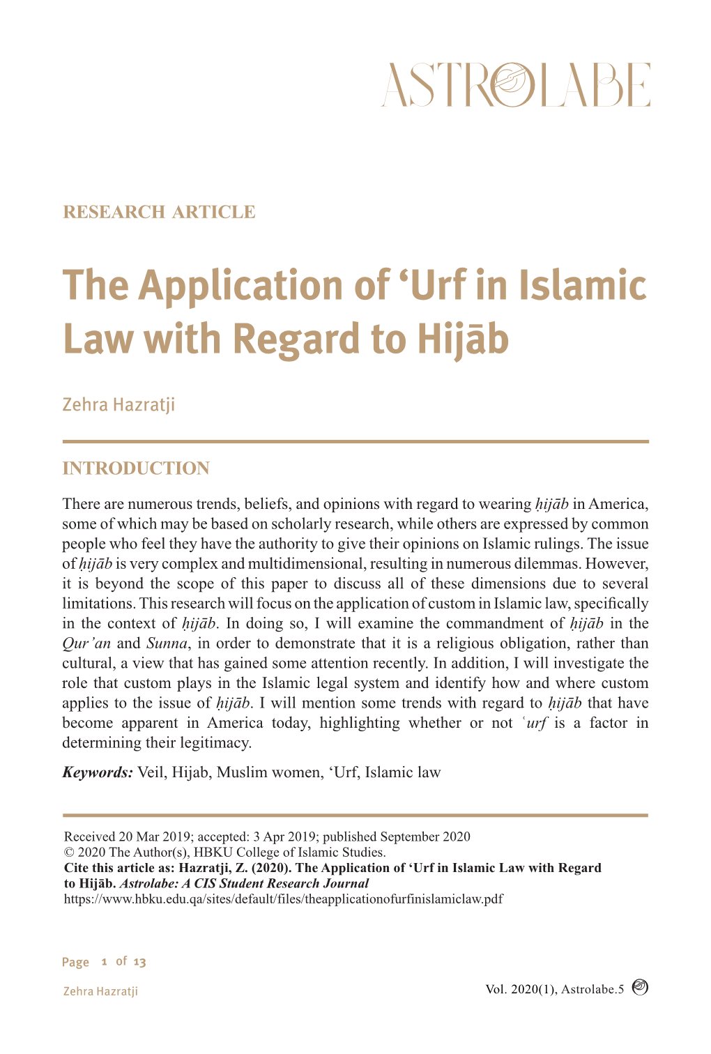 The Application of ʻurf in Islamic Law with Regard to Hijāb