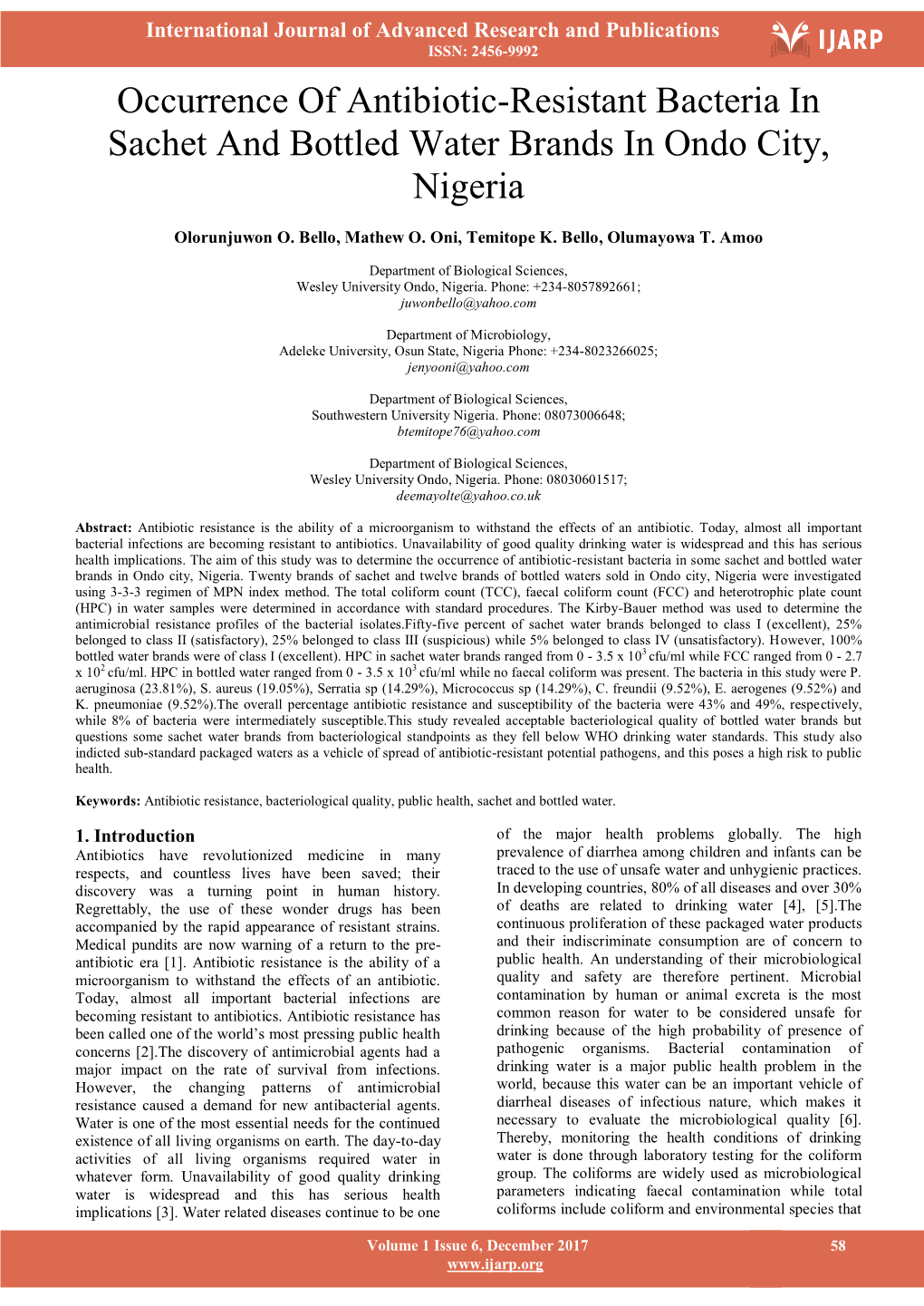 Occurrence of Antibiotic-Resistant Bacteria in Sachet and Bottled Water Brands in Ondo City, Nigeria