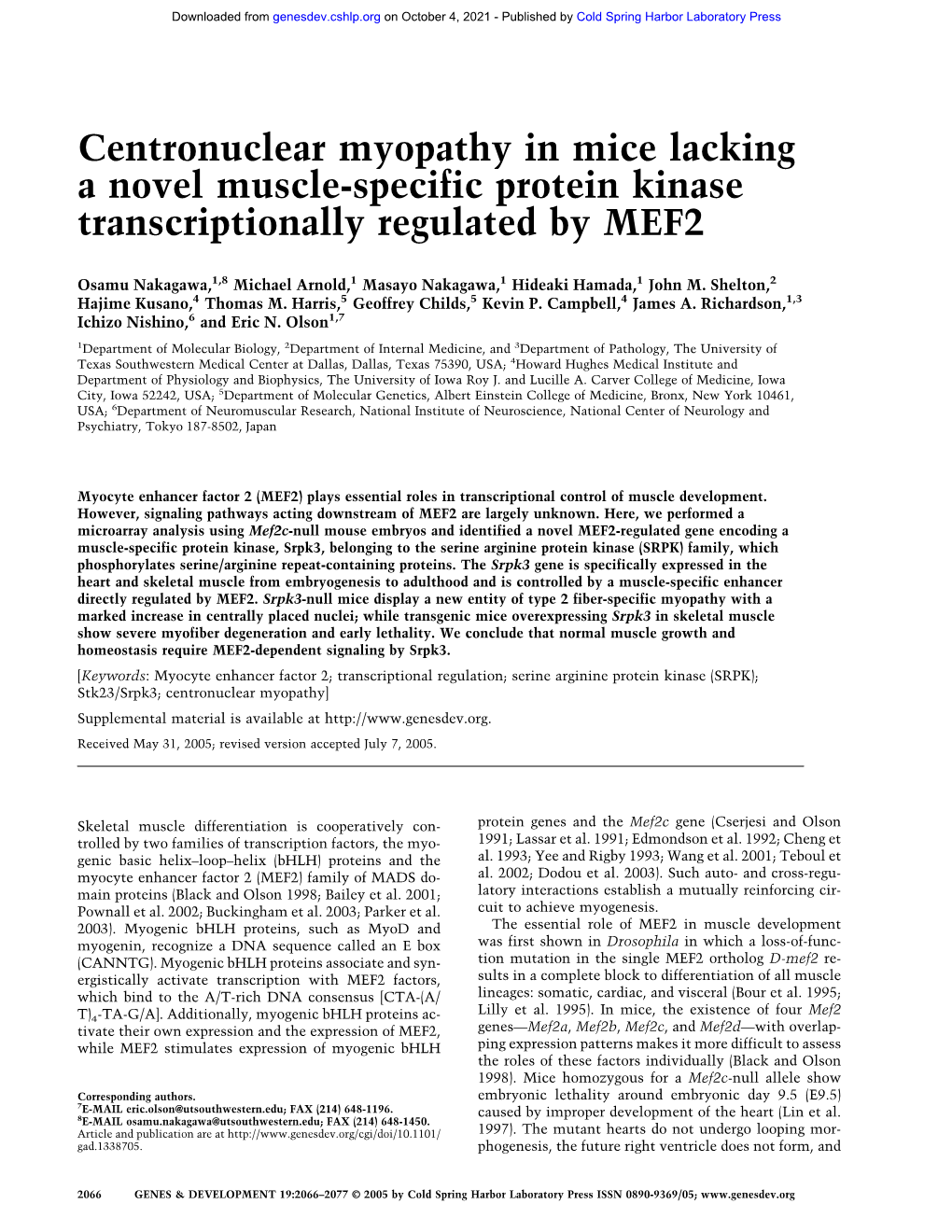 Centronuclear Myopathy in Mice Lacking a Novel Muscle-Specific Protein Kinase Transcriptionally Regulated by MEF2