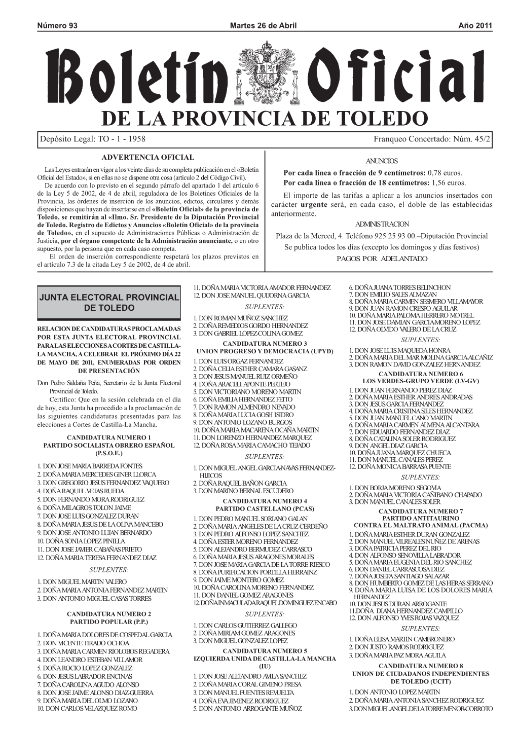 DE LA PROVINCIA DE TOLEDO Depósito Legal: to - 1 - 1958 Franqueo Concertado: Núm