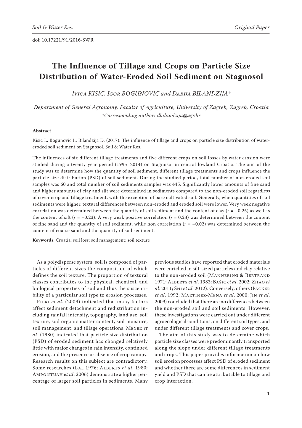 The Influence of Tillage and Crops on Particle Size Distribution of Water-Eroded Soil Sediment on Stagnosol