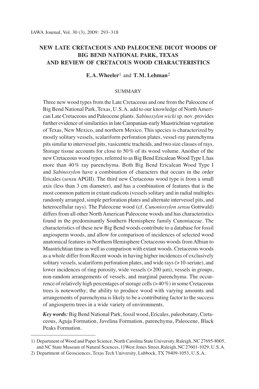 New Late Cretaceous and Paleocene Dicot Woods of Big Bend National Park, Texas and Review of Cretacous Wood Characteristics