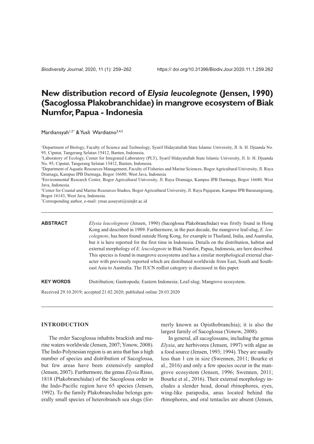 New Distribution Record of Elysia Leucolegnote (Jensen, 1990) (Sacoglossa Plakobranchidae) in Mangrove Ecosystem of Biak Numfor, Papua - Indonesia