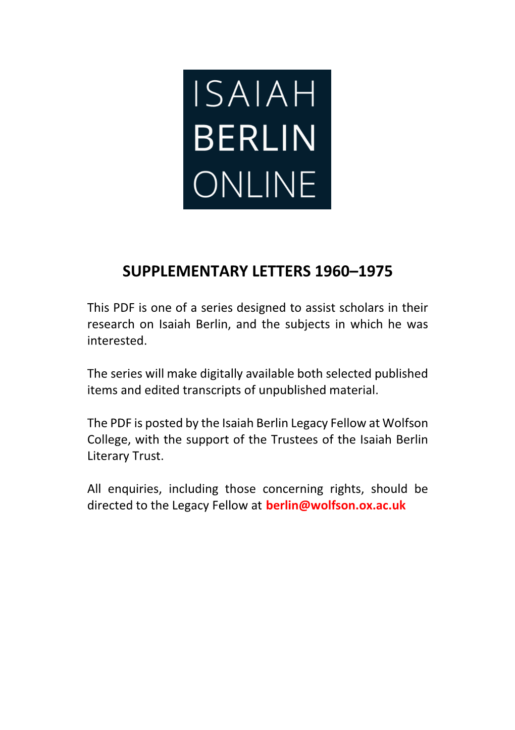 Supplementary Letters 1960–1975