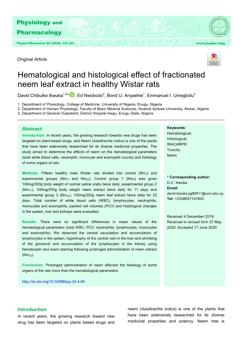 Hematological and Histological Effect of Fractionated Neem Leaf Extract in Healthy Wistar Rats