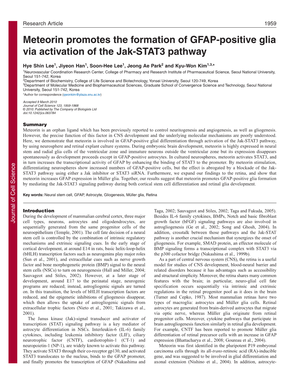 Meteorin Promotes the Formation of GFAP-Positive Glia Via Activation of the Jak-STAT3 Pathway