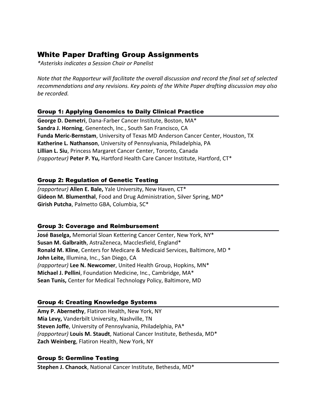 White Paper Drafting Group Assignments