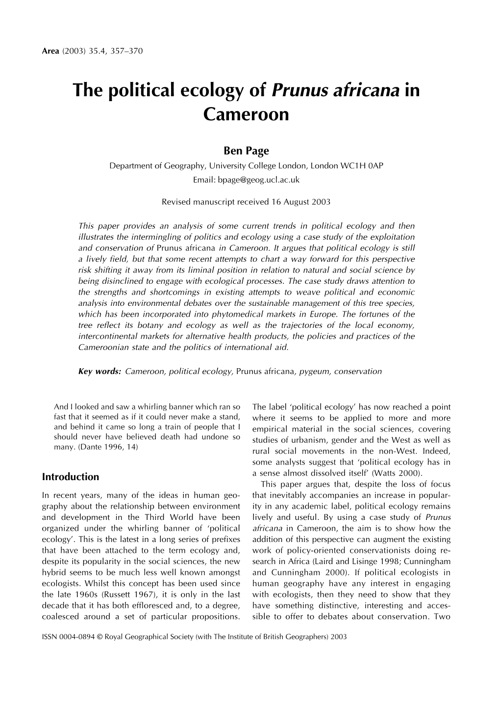 The Political Ecology of Prunus Africana in Cameroon