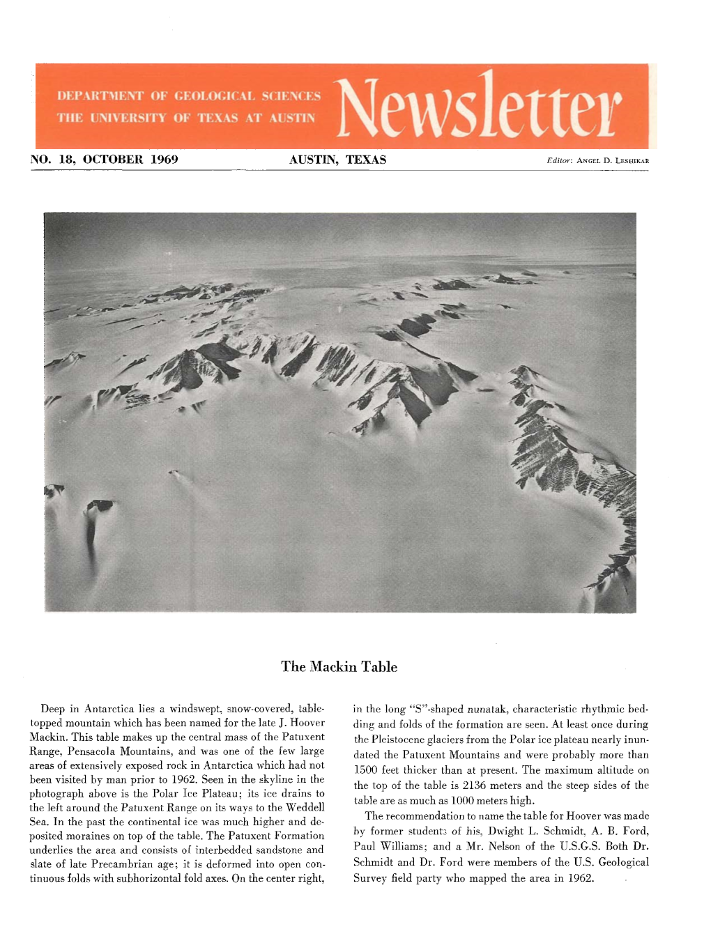 Department of Geological Sciences Newsletter No. 18, October 1969