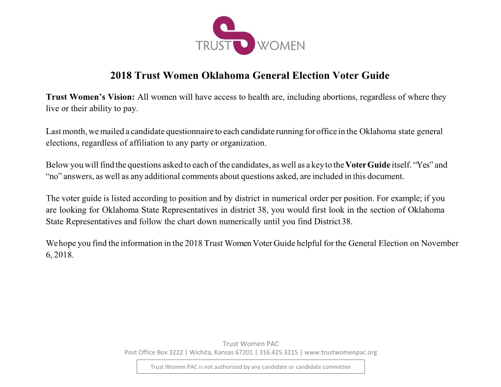 2018 Trust Women Oklahoma General Election Voter Guide