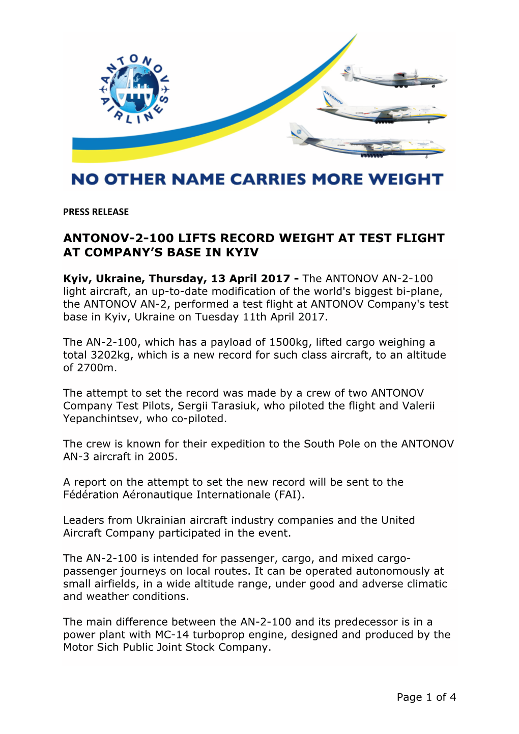 Antonov-2-100 Lifts Record Weight at Test Flight at Company’S Base in Kyiv