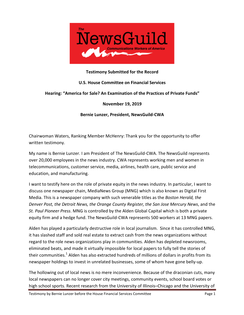 Testimony Submitted for the Record U.S. House Committee on Financial Services Hearing: “America for Sale? an Examination of Th