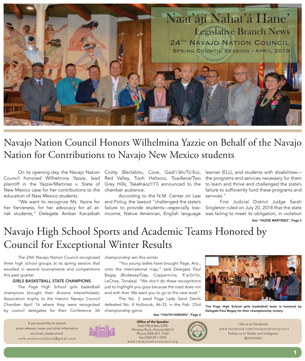 Legislative Branch News 24Th Navajo Nation Council Spring Council Session - April 2019