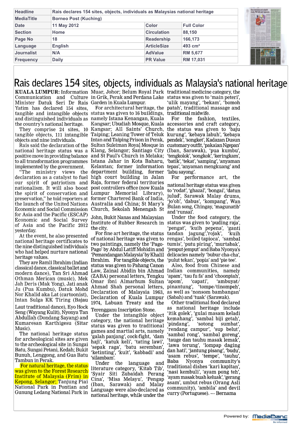 Rais Declares 154 Sites, Objects, Individuals As Malaysia's National Heritage