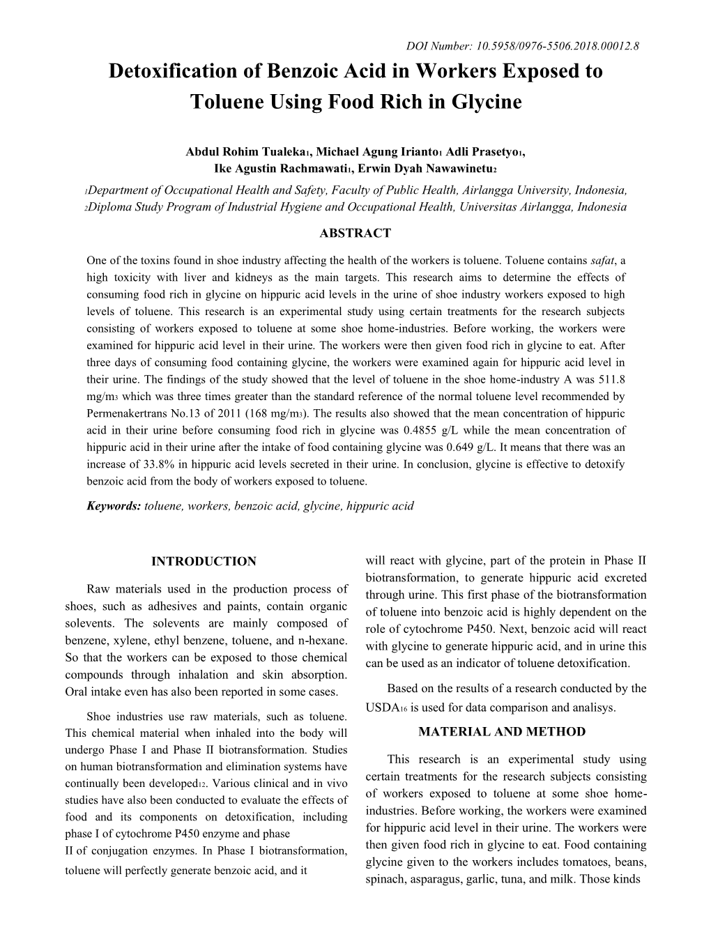 Detoxification of Benzoic Acid in Workers Exposed to Toluene Using Food Rich in Glycine