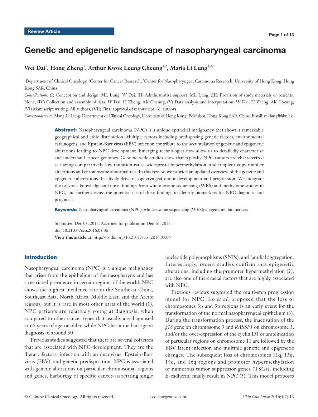 Genetic and Epigenetic Landscape of Nasopharyngeal Carcinoma