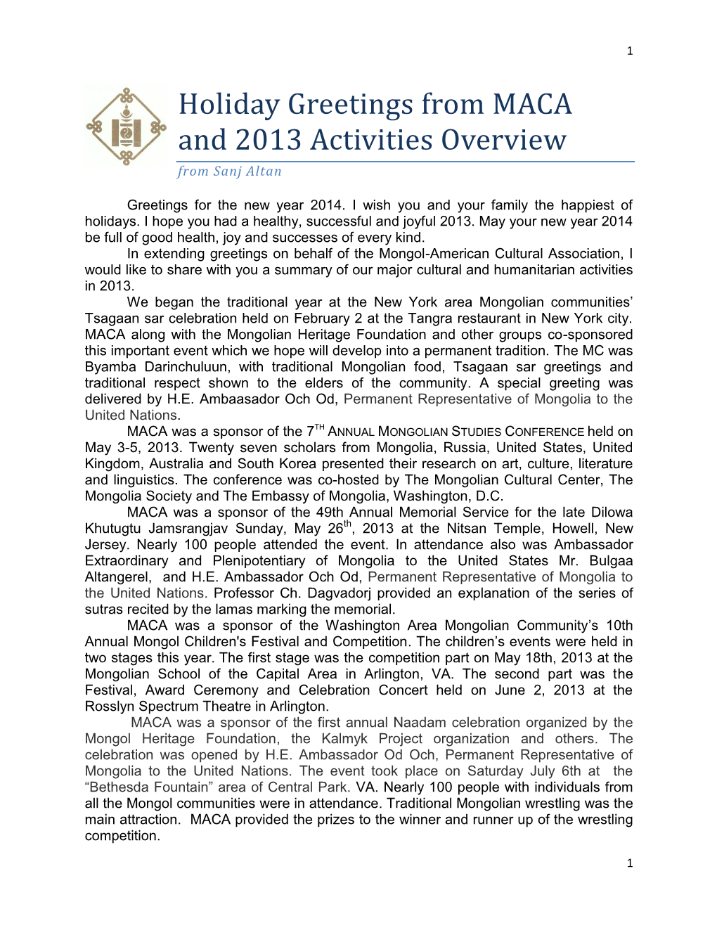 Holiday Greetings from MACA and 2013 Activities Overview from Sanj Altan