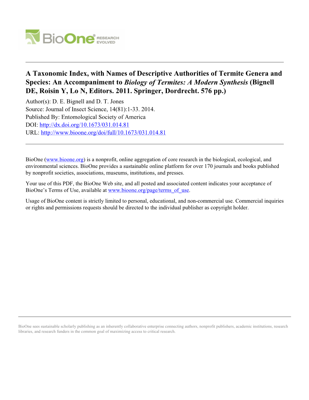 A Taxonomic Index, with Names of Descriptive Authorities of Termite Genera and Species: an Accompaniment to Biology of Termites