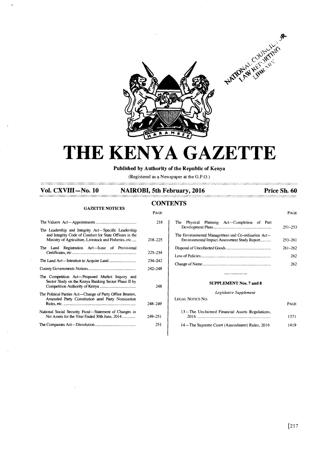 THE KENYA GAZETTE Published by Authority of the Republic of Kenya (Registered As a Newspaper at the G.P.O.)