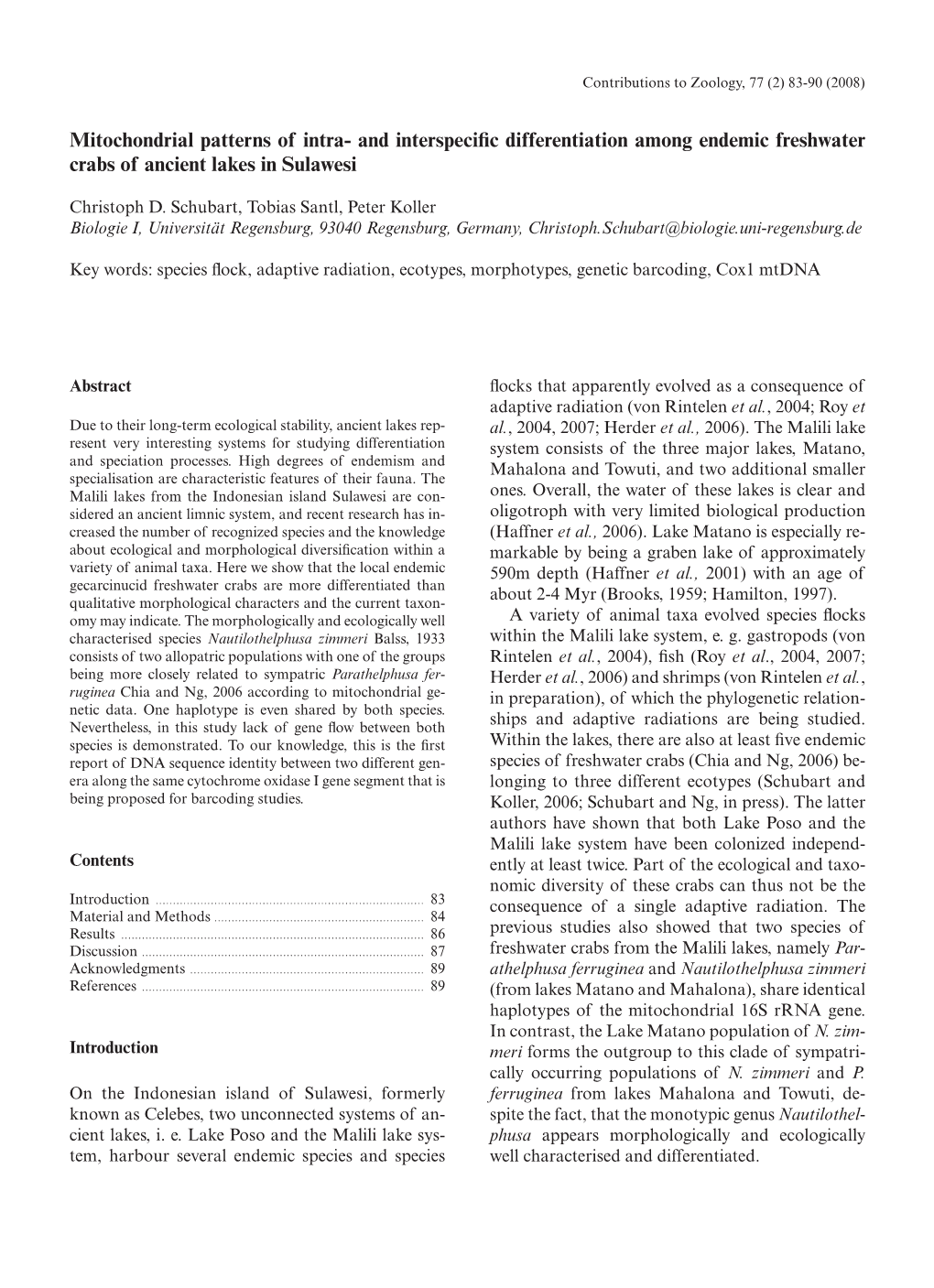 And Interspecific Differentiation Among Endemic Freshwater Crabs of Ancient Lakes in Sulawesi