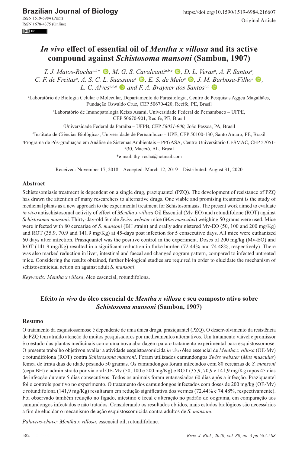 In Vivo Effect of Essential Oil of Mentha X Villosa and Its Active Compound Against Schistosoma Mansoni