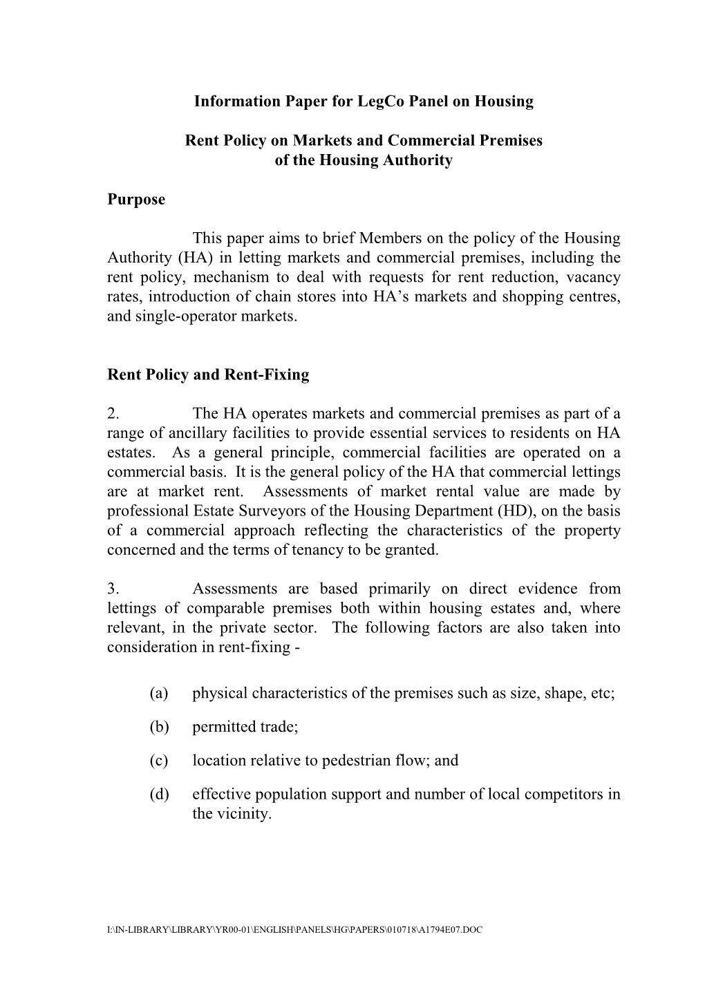 Information Paper for Legco Panel on Housing Rent Policy on Markets