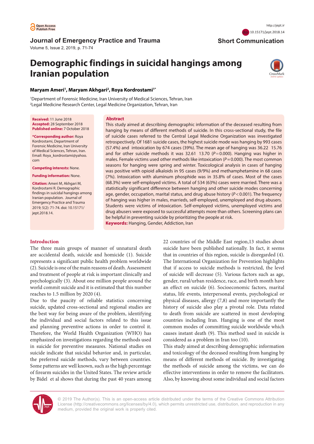 Demographic Findings in Suicidal Hangings Among Iranian Population