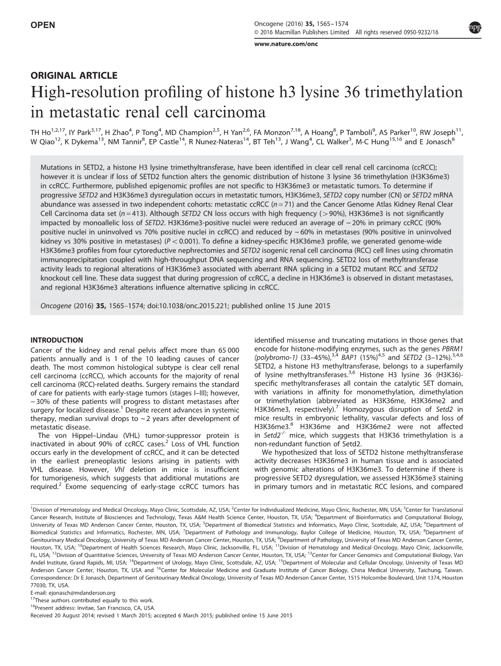 High-Resolution Profiling of Histone H3 Lysine 36 Trimethylation in Metastatic Renal Cell Carcinoma