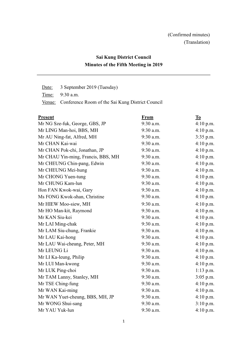 Sai Kung District Council Minutes of the Fifth Meeting in 2019 Date