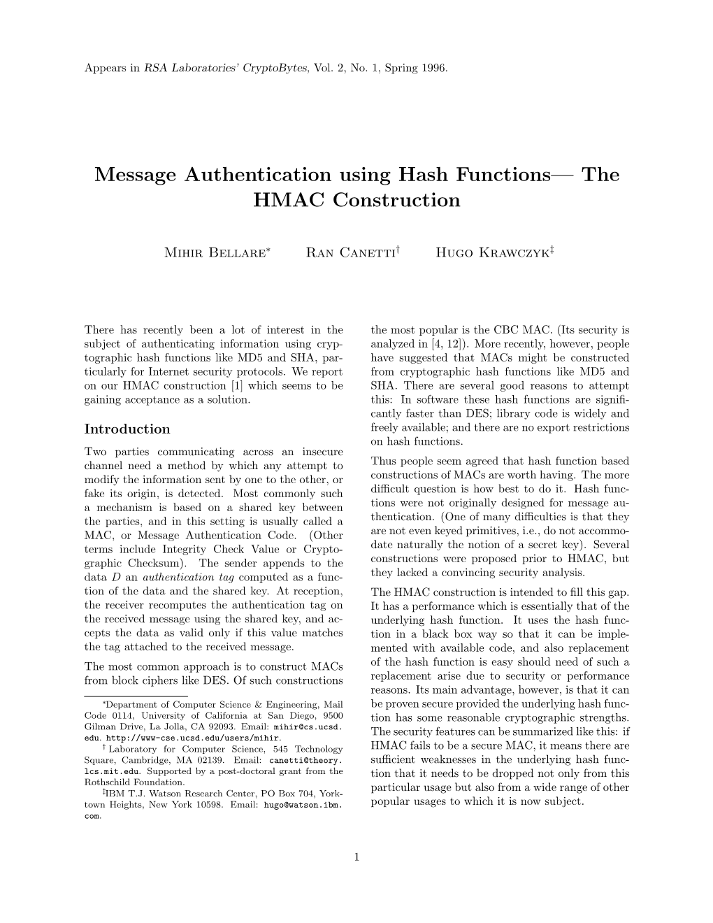 Message Authentication Using Hash Functions— the HMAC Construction