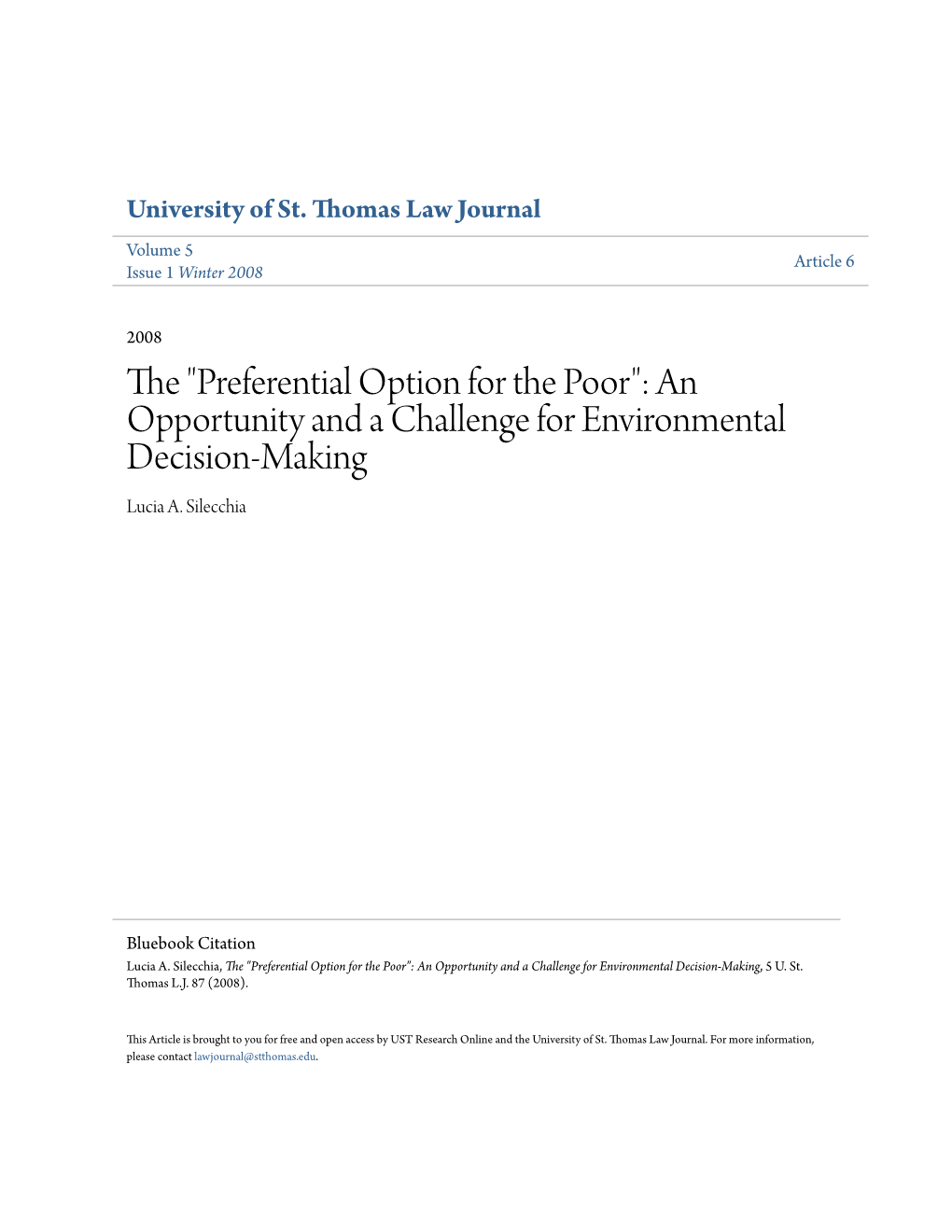 Preferential Option for the Poor": an Opportunity and a Challenge for Environmental Decision-Making Lucia A