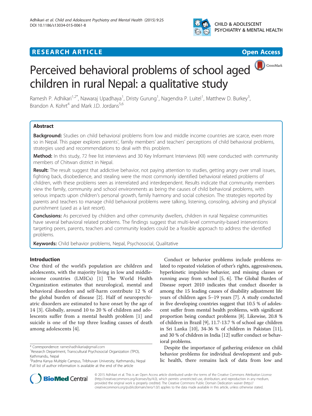 Perceived Behavioral Problems of School Aged Children in Rural Nepal: a Qualitative Study Ramesh P