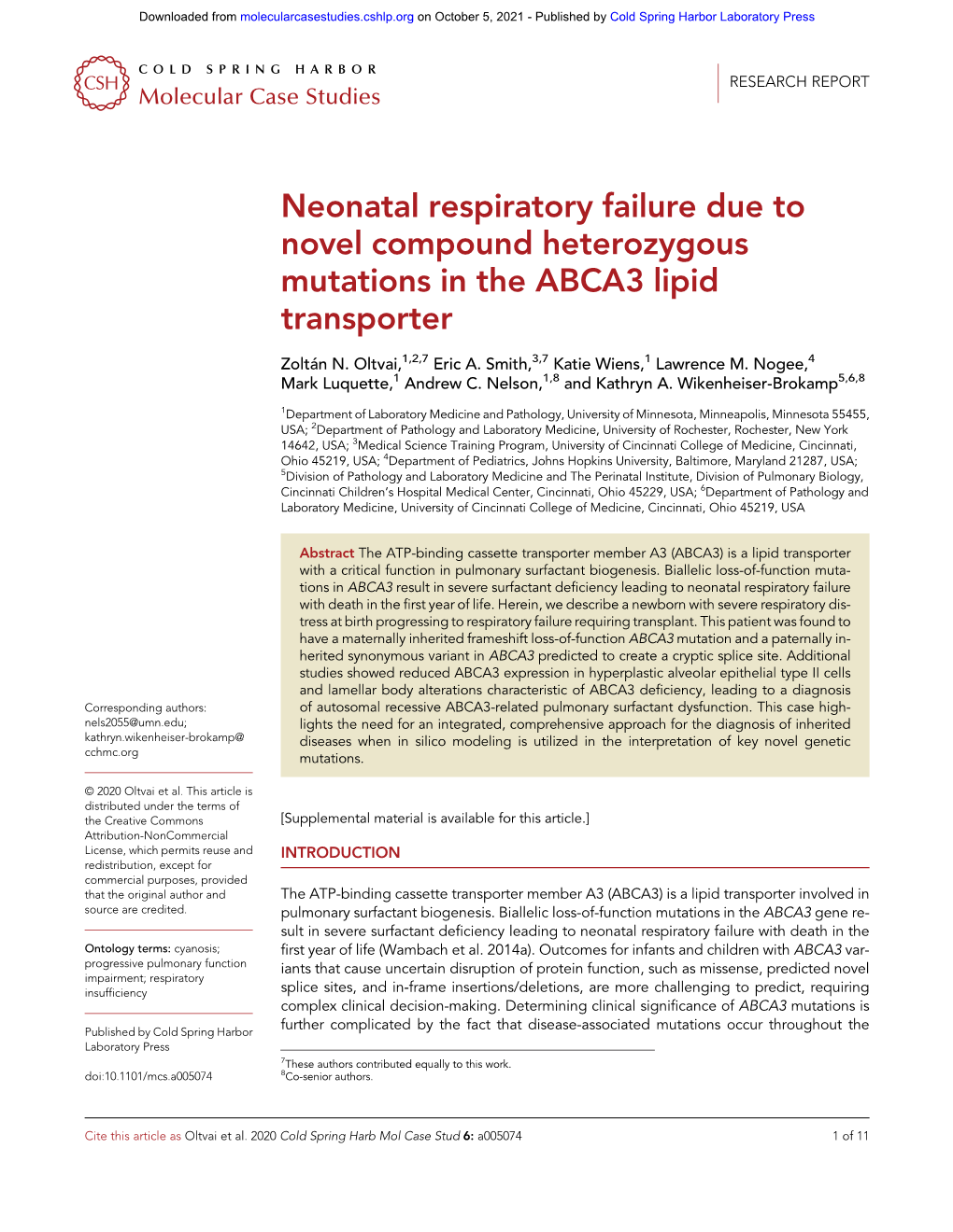 Neonatal Respiratory Failure Due to Novel Compound Heterozygous Mutations in the ABCA3 Lipid Transporter