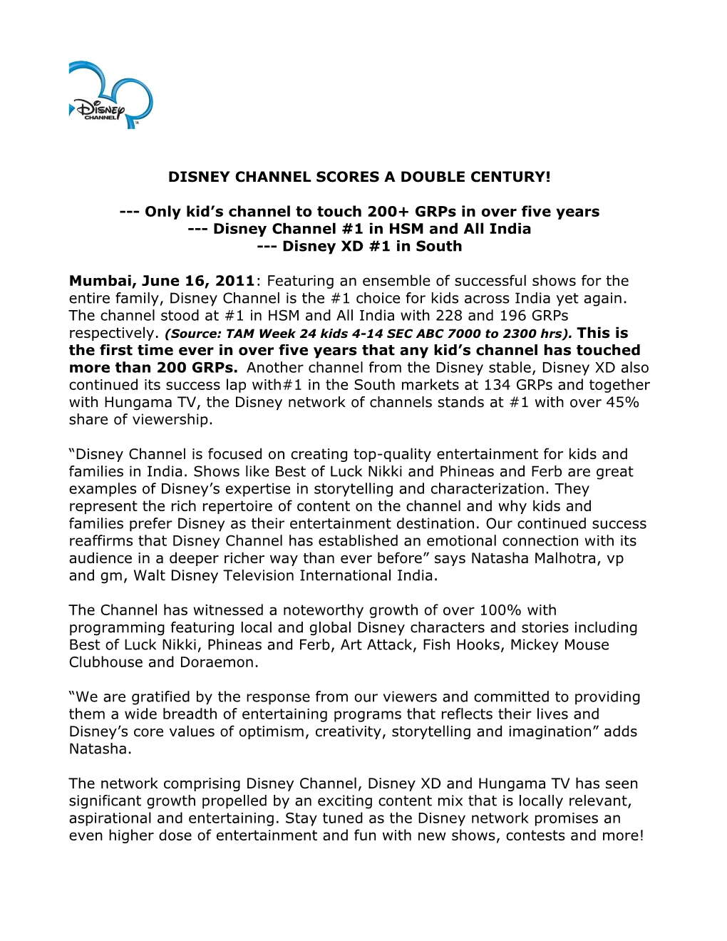 Disney Channel Scores a Double Century!