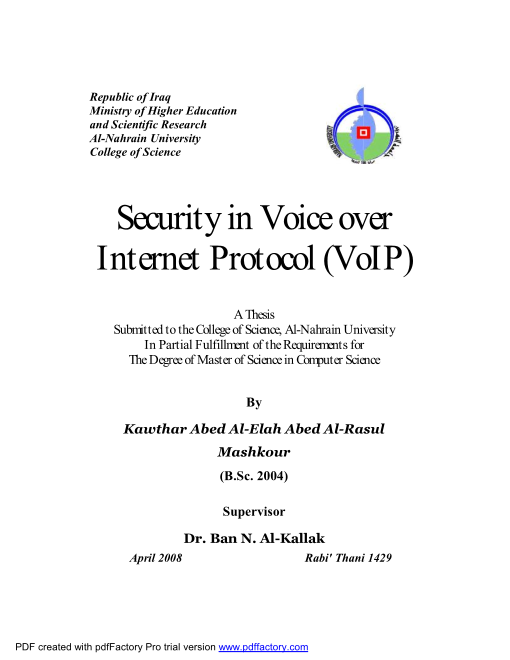 Security in Voice Over Internet Protocol (Voip)