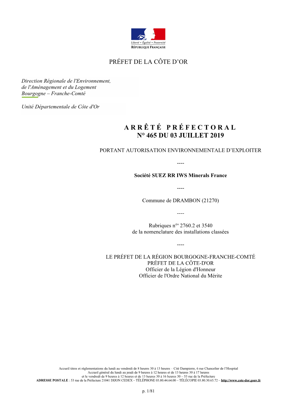 Arrêté Préfectoral Du 03/07/2019 Portant Autorisation Environnementale D'exploiter