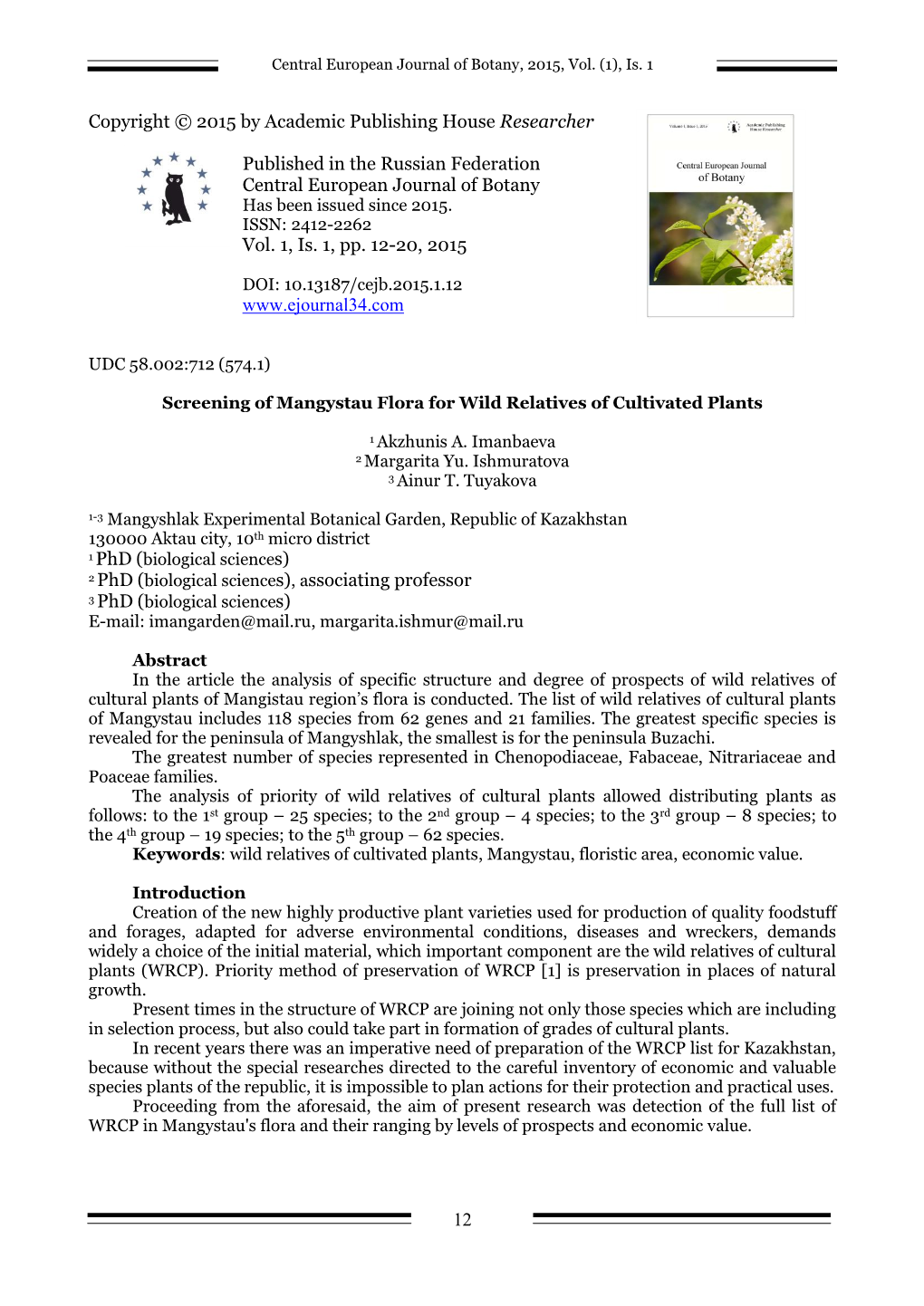 Screening of Mangystau Flora for Wild Relatives of Cultivated Plants