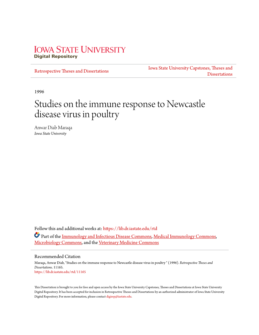 Studies on the Immune Response to Newcastle Disease Virus in Poultry Anwar Diab Maraqa Iowa State University