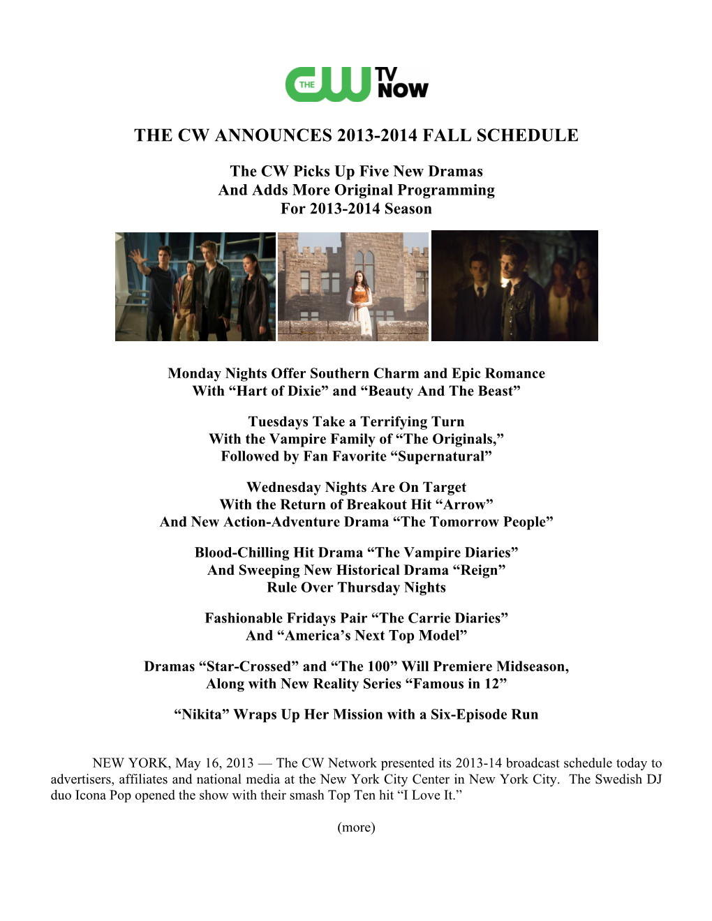 The Cw Announces 2013-2014 Fall Schedule