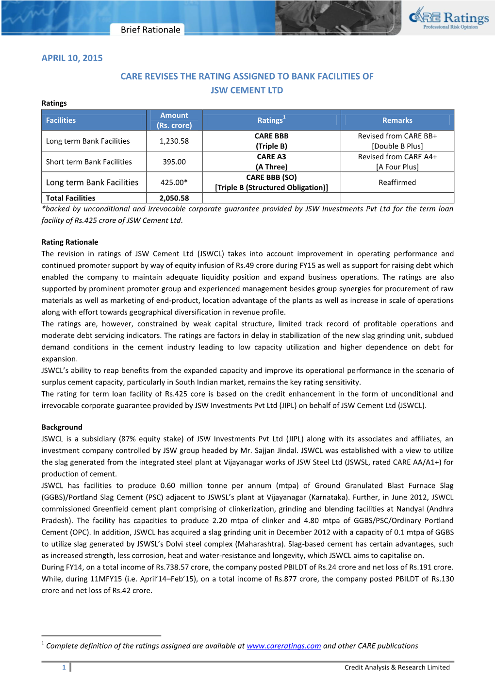 Brief Rationale APRIL 10, 2015 CARE REVISES the RATING ASSIGNED